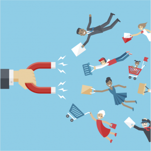 People being dragged in by a magnet attracting sales